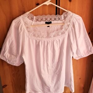 Talbots Women's White Square Neck Lace Trimmed Tee with Puffed Sleeves Size SP